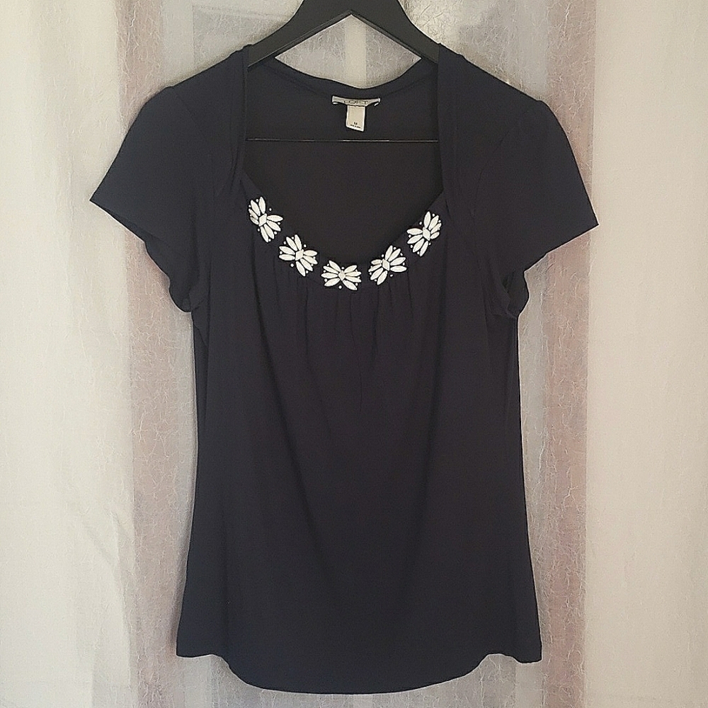 Ann Taylor LOFT Women's Size M Shirt Navy Blue Black Beaded Floral Short Sleeve